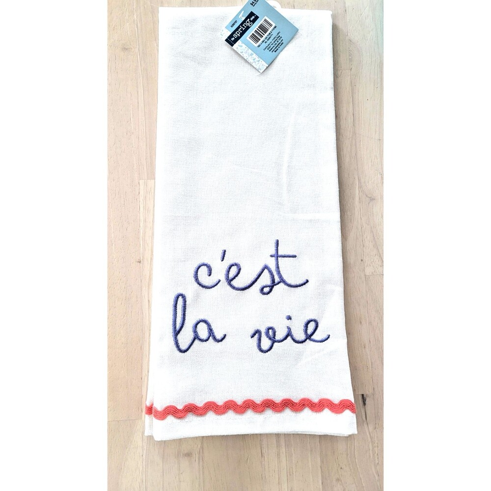 Set 2 Kitchen C’est La Vie Tea Towels Embroidered Set White, Purple Pink NEW
